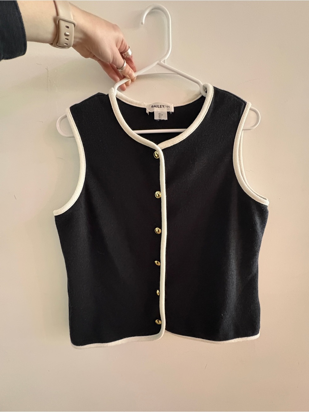 Bailey 44 Black Knit Tank Top with White Trim Gold Buttons